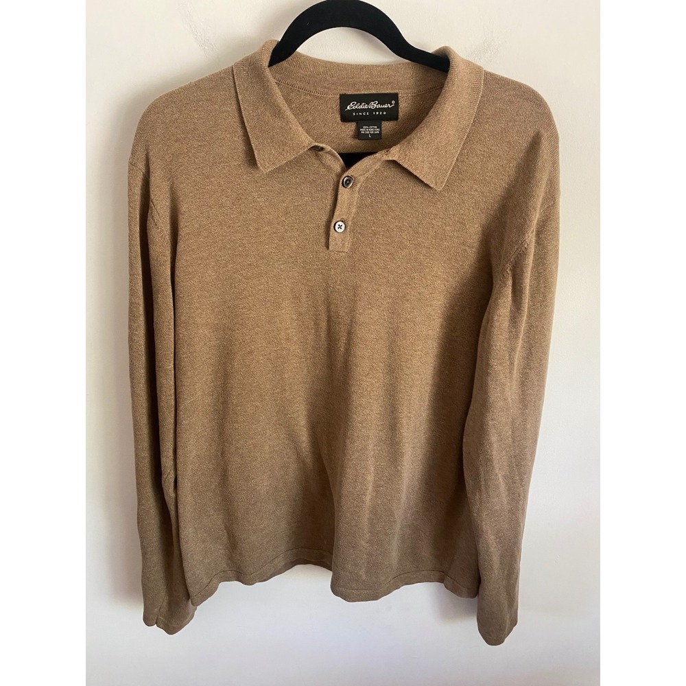 Eddie Bauer Mens Tan Cotton‎ Long Sleeve Polo Sweater Size L Camel Heather Knit